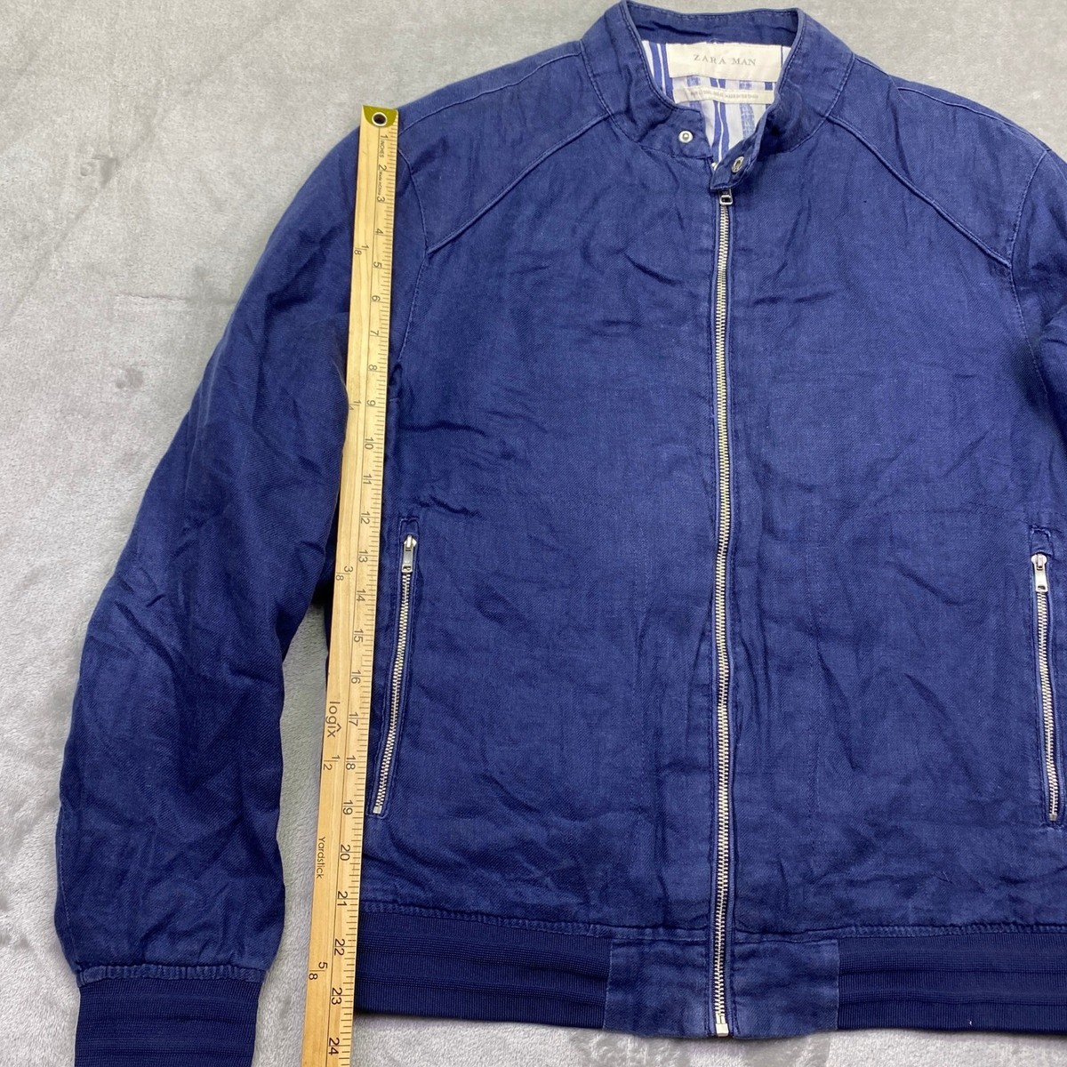 Zara Man Navy Blue Linen Blend Full Zip Bomber Jacket Mock Neck