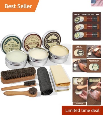 10-Pc Leather Care Kit - 3 Horsehair Brushes, Saddle Soap, Mink Oil & Wax