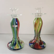 Vintage Handmade Polish Glass Candlestick Candle Holders Rainbow Swirl Arabeska