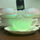 VTG MacBeth-Evans Cremax Bordette Uranium Milk Glass Teacups Saucers (8) - Glows