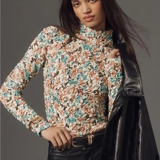 NWT Anthropologie DOLAN Turtleneck Top XS Printed Pebble Smocked