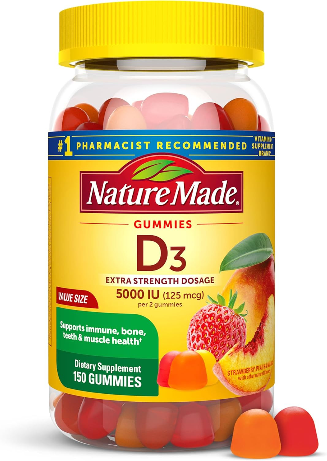Vitamin D3 5000 IU per Serving Gummies Extra Strength, Bone and Immune Health Su
