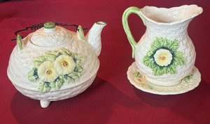 Ceramic Floral Basketweave Teapot w/ Lid & Wire Handle, White Green Yellow