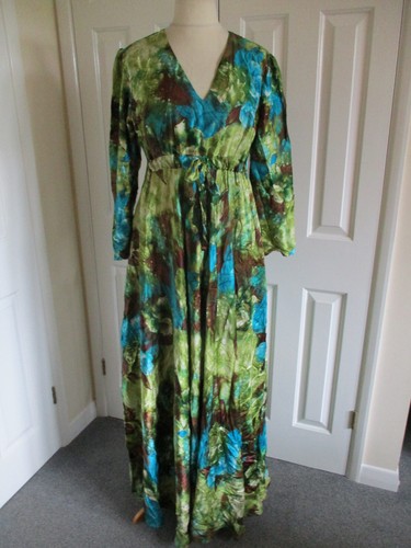 Handmade - Retro blue/green/brown silky feel empire line long dress - Size L
