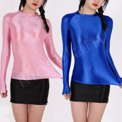 Women's Oil Shiny Glossy Long Sleeve T-Shirt Spandex Blouse Yoga Gym Stretch Top