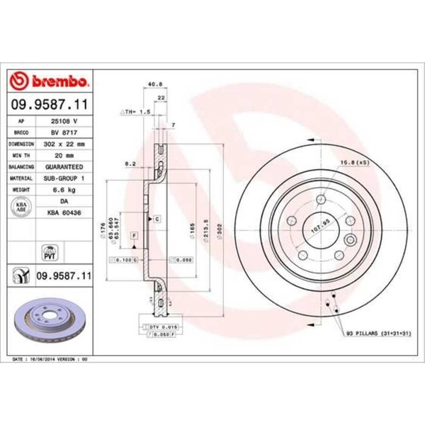 Brembo 2X Bremsscheibe Hinten 302 InnenbelüFtet FüR Volvo V60 155 157-image
