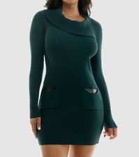 BCX Women's Green Faux Leather Split Cowlneck Patch Pocket Dress Juniors' Size S