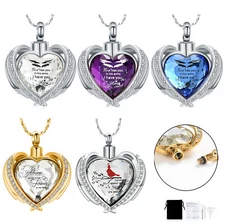 Angel Wings Cremation Jewelry for Ashes Pendant - Crystal Heart Ash Urn Necklace