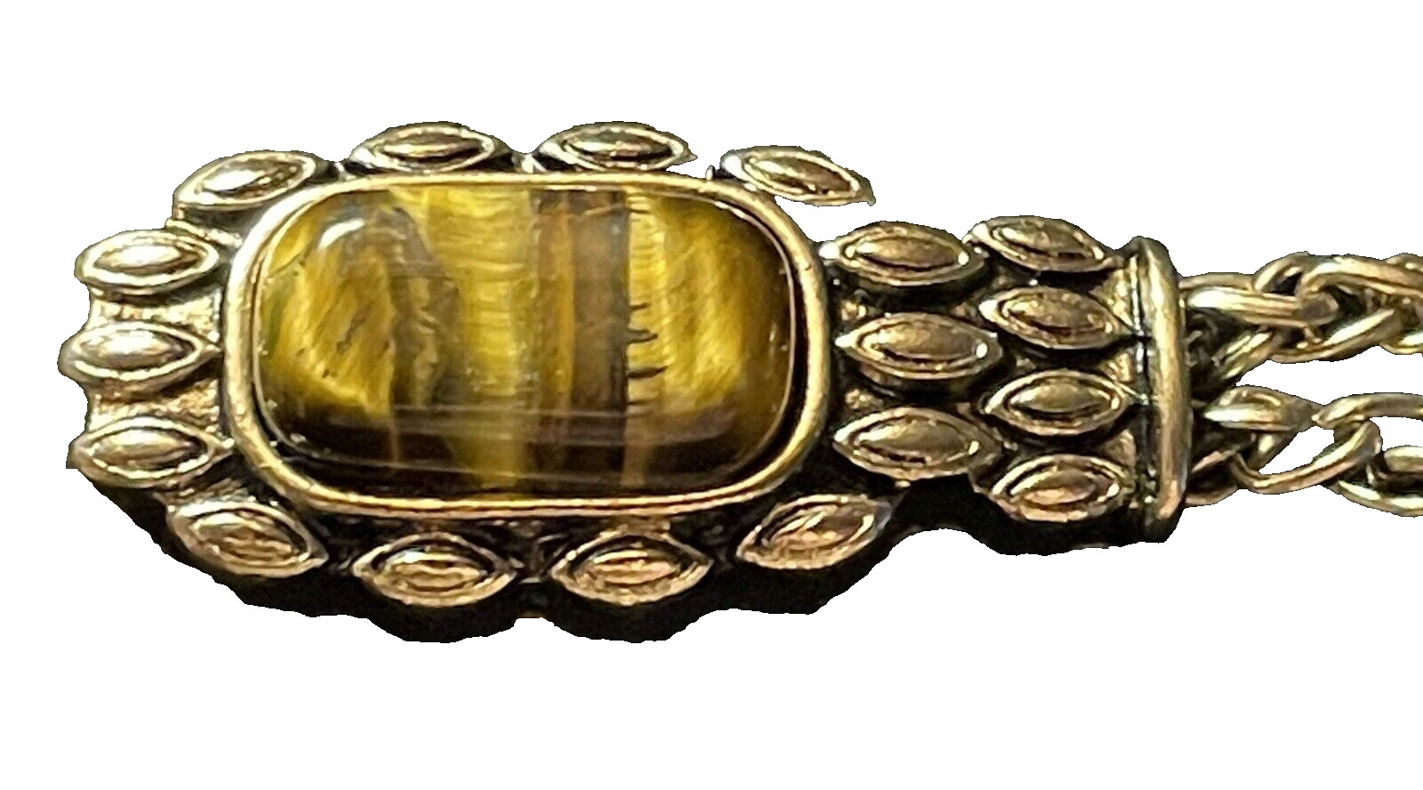 Tiger Eye Rectangular Stone Double Chain Gold Ton… - image 1