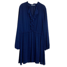 Octavia Womens Sheer Lined Fit & Flare Dress Size XL Navy Blue Ruffled Career