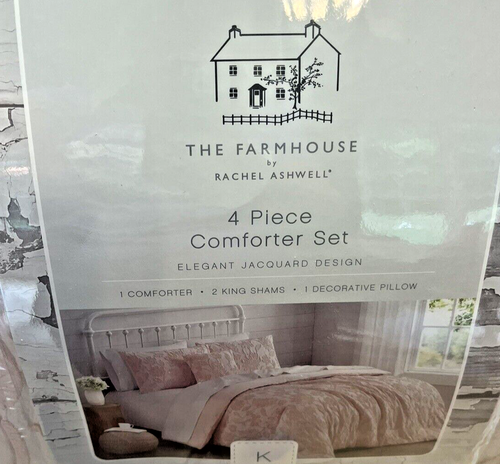 ๐ธ 4 Pc KING Rachel Ashwell Comforter Set Elegant Jacquard Pink Shabby Floral - Picture 5 of 8