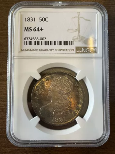 1831 50c NGC MS64+ Lustrous Capped Bust Half Dollar! Original Rainbow Toning