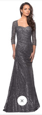 La Femme  28065 Sequined Shirred Trumpet Dress in Gunmetal NWT Size 4