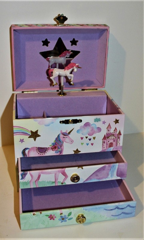 MUSICAL Jewelry BOX w/2 Drawers by JEWELKEEPER w/UNICORN Glitter Rainbow & Star 