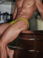 New Men's Sexy Neon Yellow Ribbed Hang Free Pouch Bikini Brief-Gay Interest