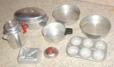 Vintage metal toy kitchen pans , roaster  percolator