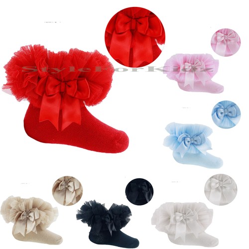 BABY GIRLS FRILLY SOCKS SPNISH TUTU SATIN BOW ANKLE LACE SOCKS eBay