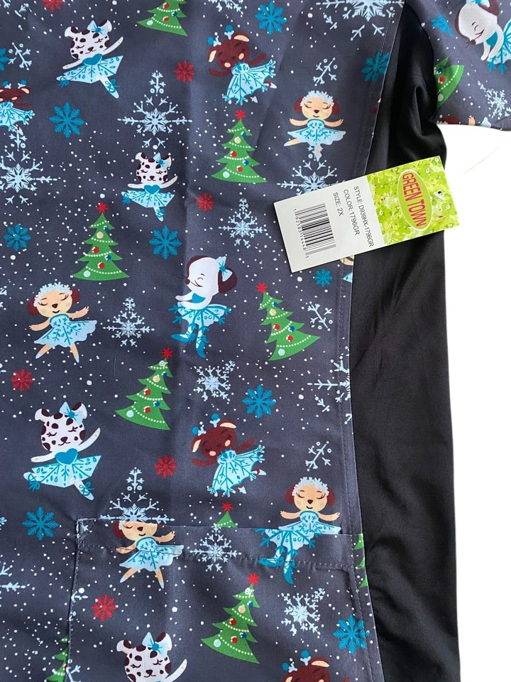 Green Town Christmas Scrub Top - 2X - Gray w/ Christmas Trees & Ballerinas - Image 3 of 4