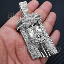 HIP HOP ICED SILVER PLATED ALLOY CUBIC ZIRCONIA LARGE JESUS HEAD CHARM PENDANT