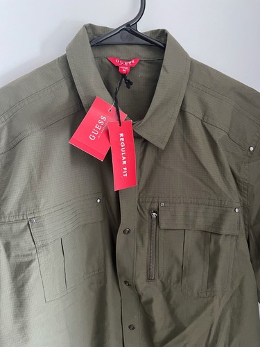 $60 GUESS Los Angeles Olive Green Aire Ripstop Short Sleeve Woven Shirt Medium - Picture 4 of 4