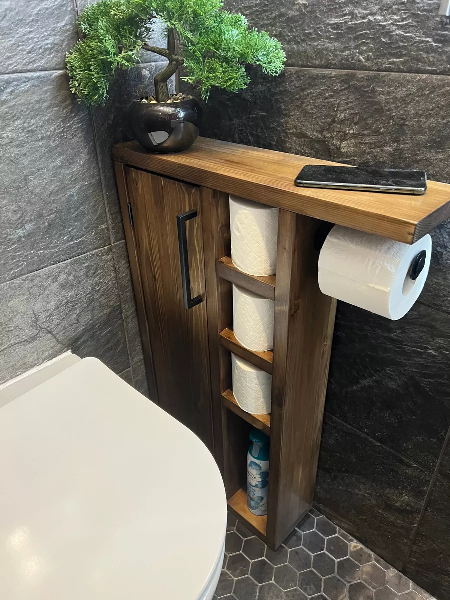 Rustic Wood Toilet Roll Paper Holder Unit Bathroom Stand And Wall Mounted