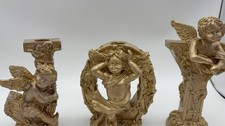 Vintage JOY Cherub Angel Taper Candle Holders Gold Resin Christmas Set of 3