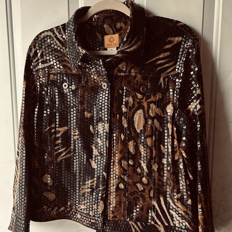 Ruby Rd. Animal Print Jacket & Beaded Tank Set Brown Black Size 16/M
