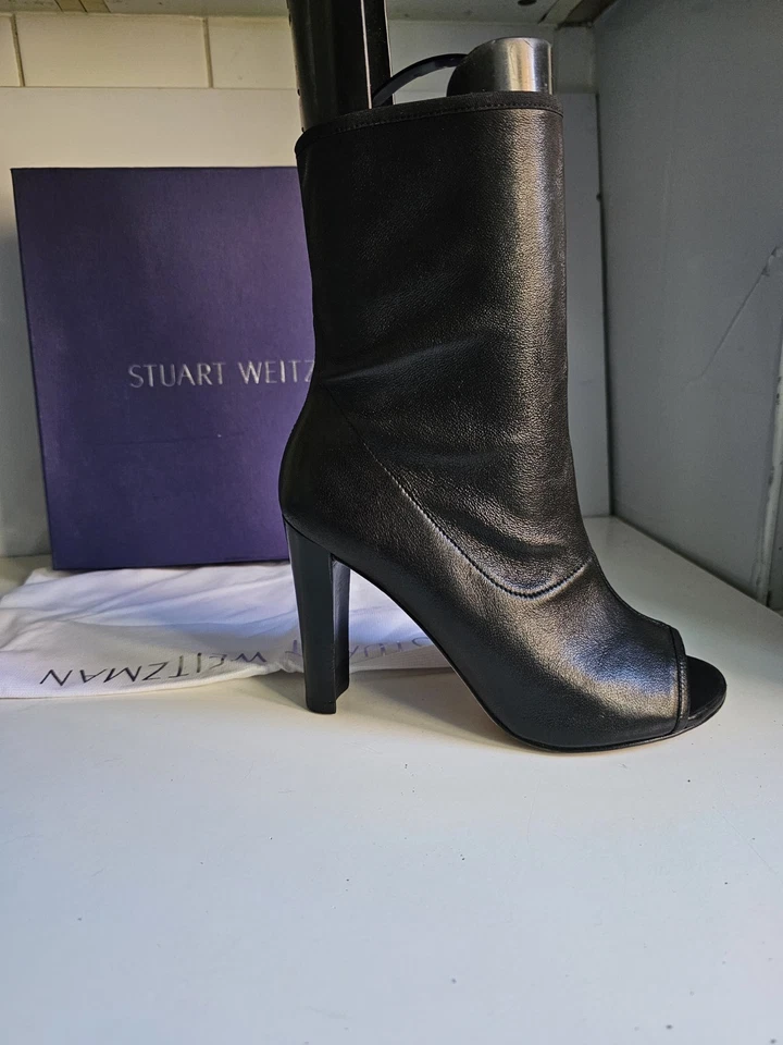 STUART WEITZMAN DESIGNER UK 4 EU 37 WOMENS BLACK LEATHER ANKLE HIGH HEELS BOOTS - Image 4 of 4