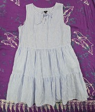 Talbots Womens 100% Linen Tiered Dress French Stripe Blue White Resort Beach XL