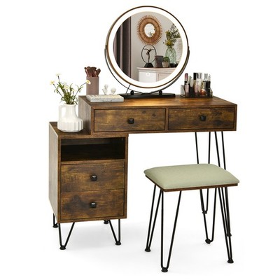 Vanity Table Set w/ Rotatable LED Lighted Mirror Makeup Dressing Table Brown
