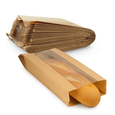 MT Products Brown Bread Bags with Window 6.5'' x 2'' x 18'' - Pack of 50