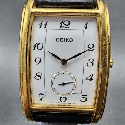 Seiko Tank Watch Men 27mm White Dial Gold Tone Rectangle 7N07-5019