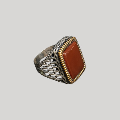 Vintage Ottoman Yemeni Aqeeq Openwork Red Agate Flat 925 Silver Men Ring Sz 8.25