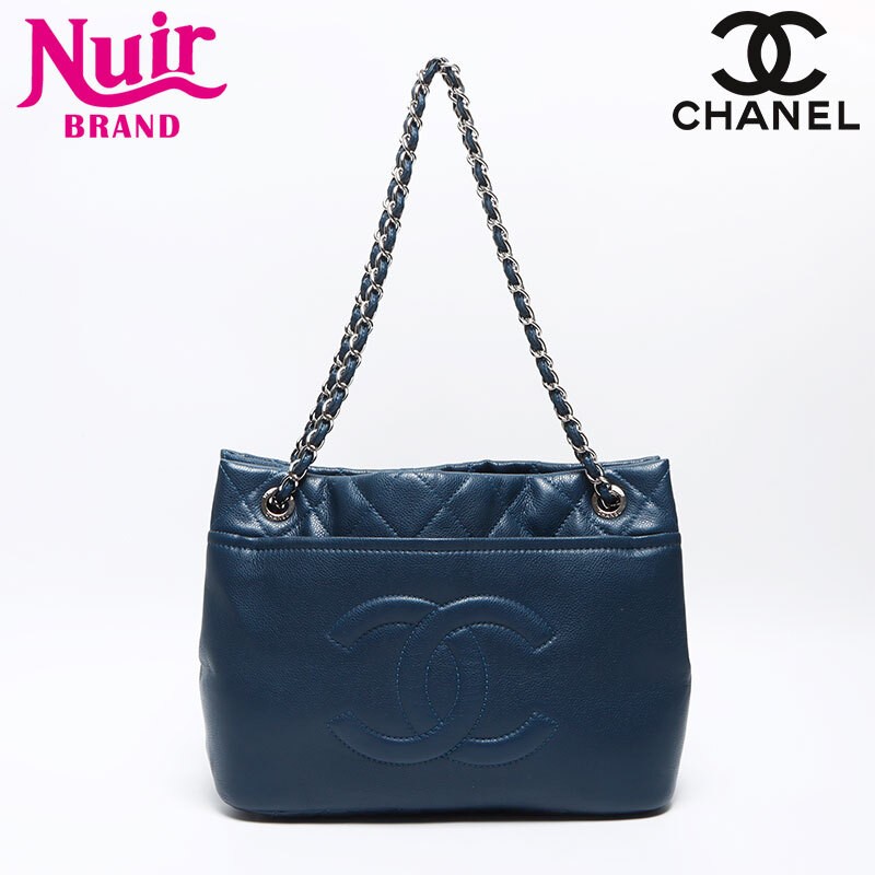 Chanel Navy Calfskin Large Tote Bag with Silver Chain Hardware