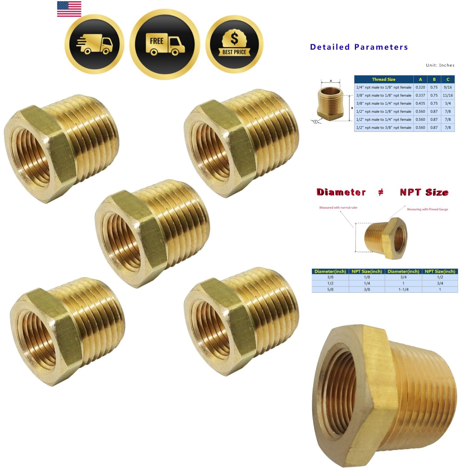 1/2" NPT Ma x 1/4" NPT Fema Brass Bushing Reducer Reducing Pipe Adapter Fitti...
