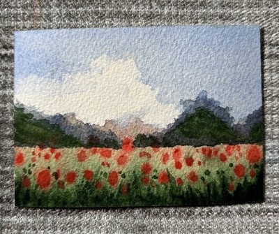 ACEO Original Watercolor Painting Flower Field Landscape 2.5 x 3.5 by zyx_peas