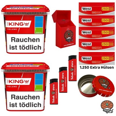 The King Red Volumentabak Mega Box 2x 280g, West Red Extra Hülsen, viel Zubehör
