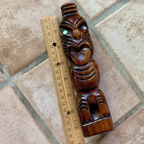 Vintage Tiki Woodek Maori Statue 7,5" geschnitzt Indianer Neuseeland Abalone Augen - Bild 4 von 9