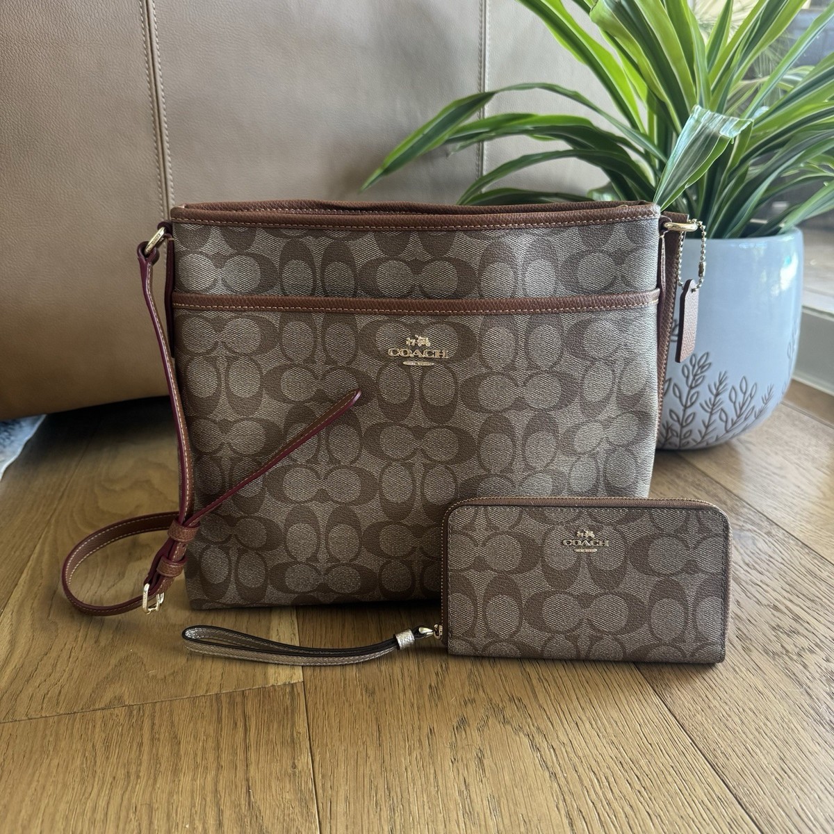 Coach Signature File Crossbody Bag and Wallet Set Khaki Saddle