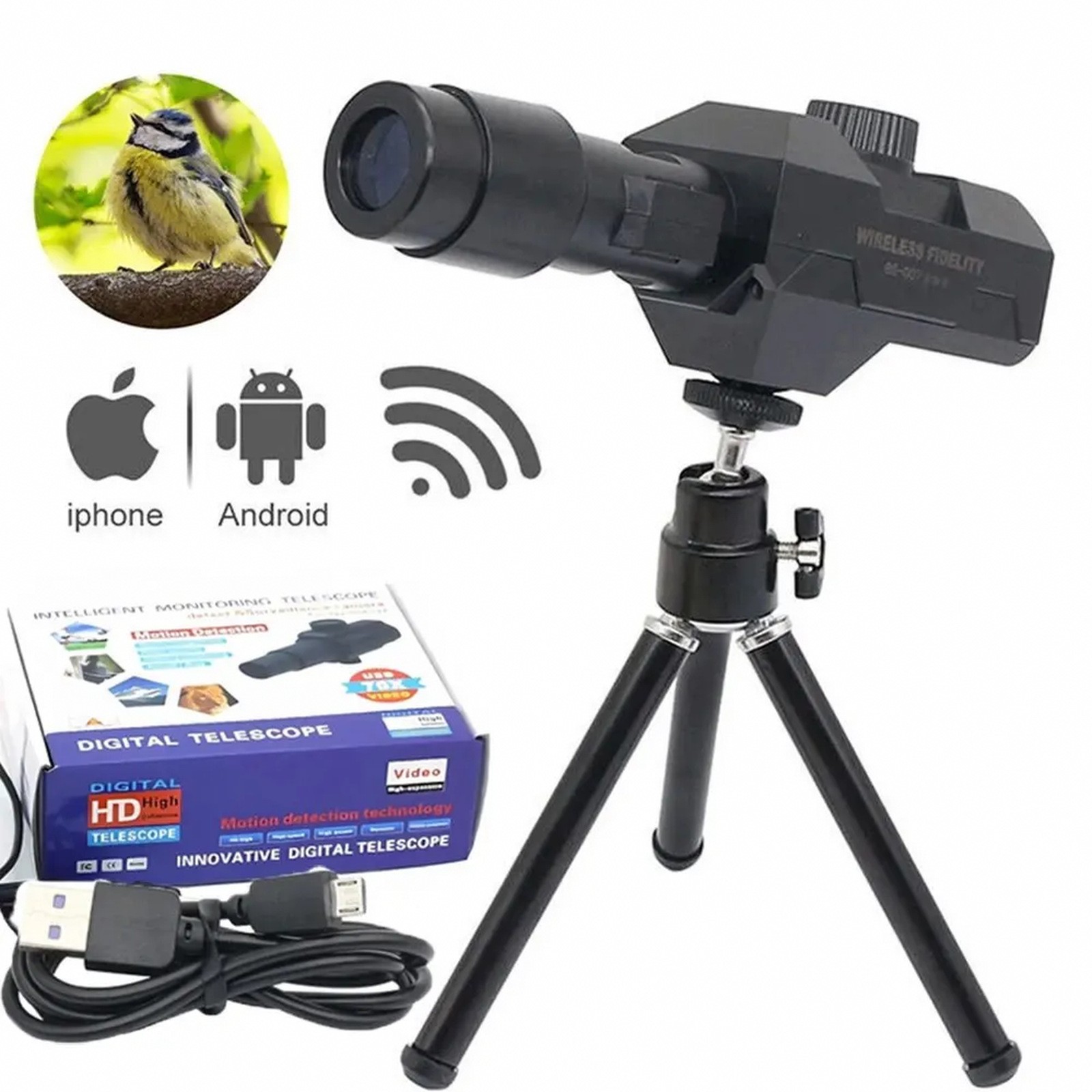 Wireless digital telescope with 70x magnification, 1080p vid