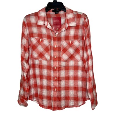 Sanctuary x Evereve NEW Steady Boyfriend Red White Plaid Linen Button Down XS