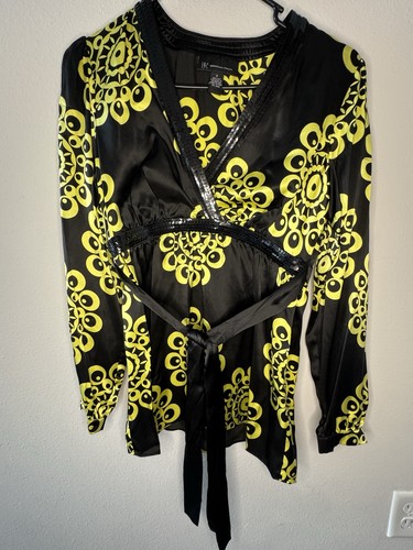 INC International Concepts Black Yellow Geometric Silk Tie Blouse 2
