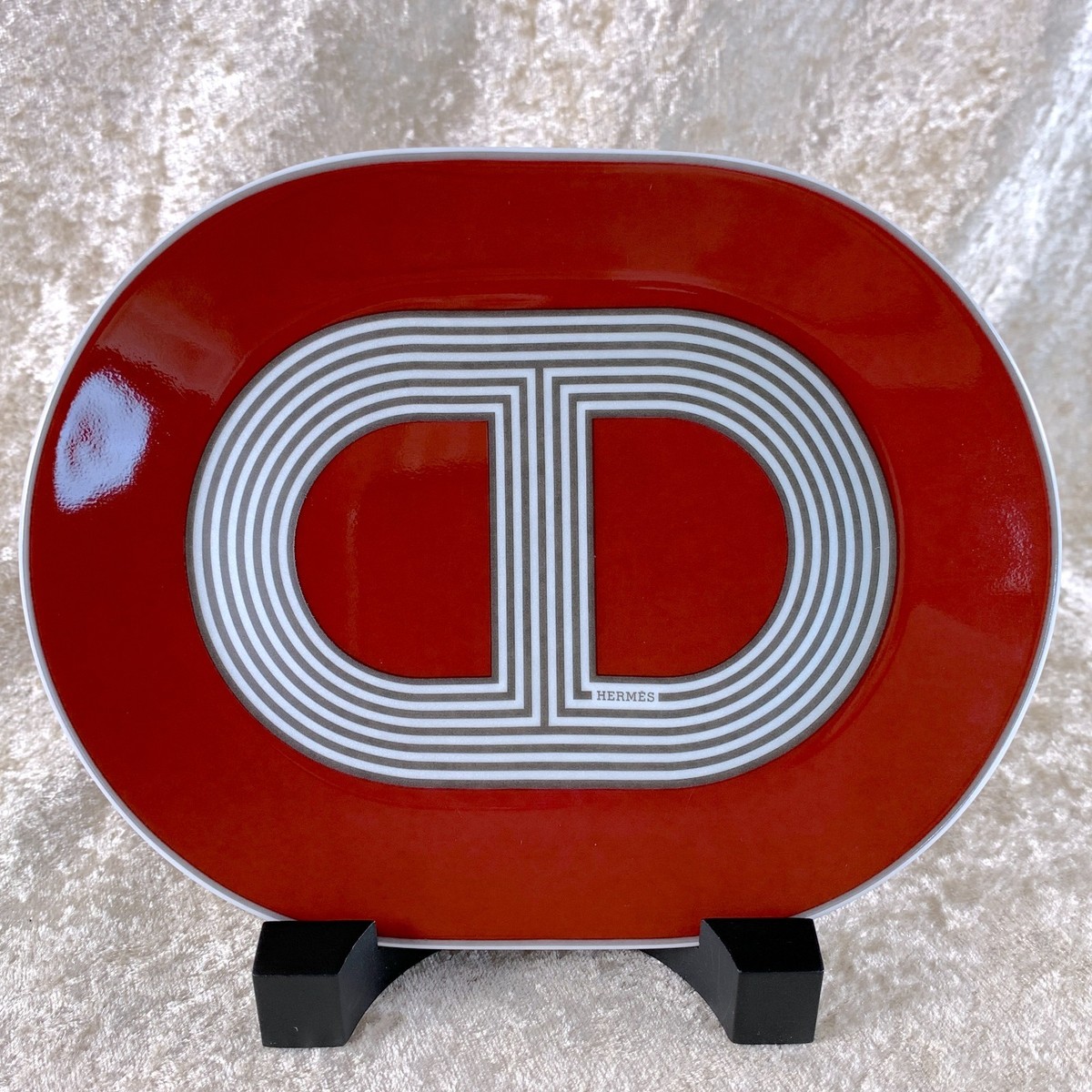 Hermes Rallye 24 Oval Small Plate Red & Blue Porcelain Tableware