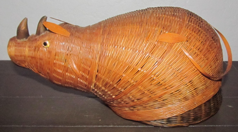 Vintage Chinese Shanghai Woven Bamboo Wicker Ratan Rhino Rhinoceros 5.25" x 9"
