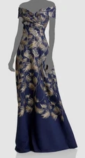 Rickie Freeman for Teri Jon Women's Blue Gold Feather Jacquard Dress Size 14