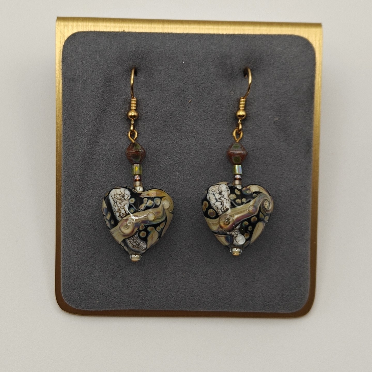 Handmade Artisan Glass Heart Gold Tone Hook Dangle Earrings