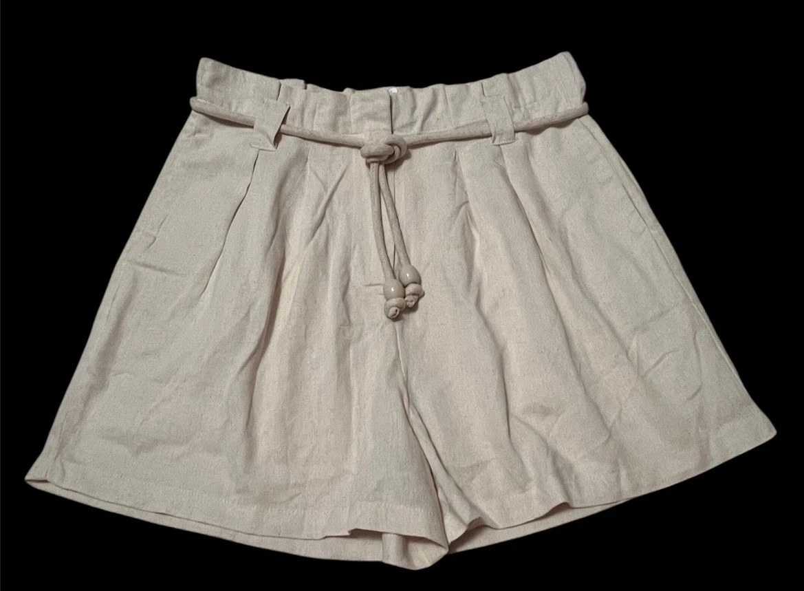 Marfinno High Waist Ecru Linen Viscose Pleated Clochard Paper Bag Shorts Sz 32