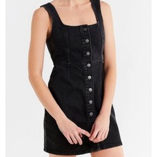 Urban Outfitters Black Denim Button Front Square Neck Pinafore Dress Mini