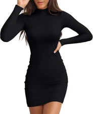 Women'S Long Sleeve Dress Mock Neck Basic Ribbed Slim Fit Bodycon Mini Pencil Dr