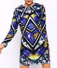 ASOS Quilted Mini Dress Woman Sz 10 Blue Floral Abstract Geometric Cottage Artsy